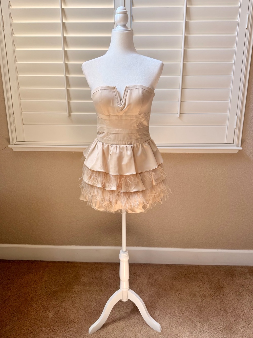 bebe Ivory Satin Feather Trim Strapless Mini Dress - Size Small